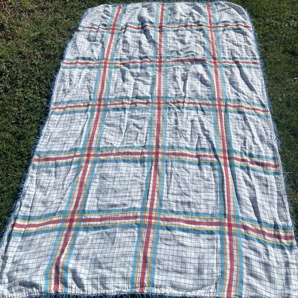 Vintage Blue, White & Red Plaid Tablecloth Woven Beach Towel Lightweight Blanket